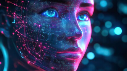 Wall Mural - a close-up of a digital rendering of a female face with neon lights and intricate lines forming a ne