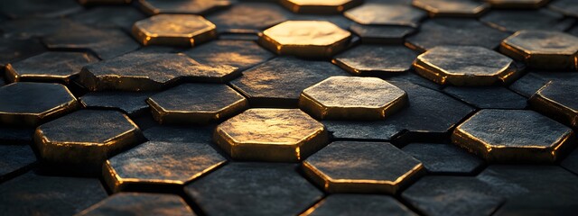 A close-up of the hexagonal tiles on a floor, each tile made up of gold and black metal, against a dark background