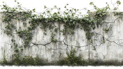 Wall Mural - A weathered wall covered in ivy and moss, showcasing age with visible cracks and greenery against a transparent background.