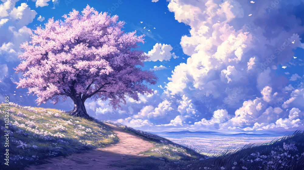 Serene Landscape with Blooming Tree and Expansive Sky – Dreamlike ...