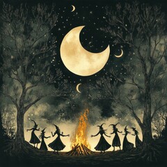 Six witches dancing around a campfire under a crescent moon and a starry sky.