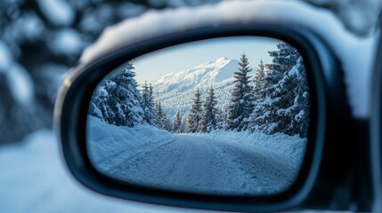 Poster - A serene winter scene with snow-covered trees and mountains reflected in the side mirror of a vehicle. The road ahead is blanketed in snow, creating a picturesque view of nature's beauty.