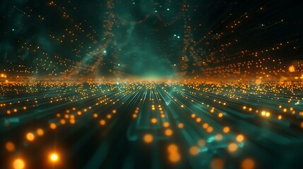 Poster - A high-tech digital scene with glowing connections and dots stretching across a dark horizon, depicting the movement of information