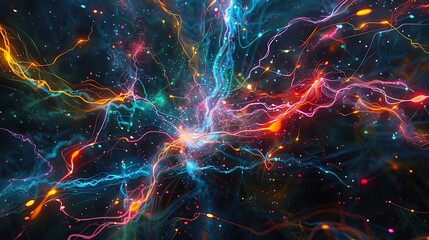 Poster - Abstract arrangement of bright, neon-like lines and dots forming a dynamic web-like structure, representing data flow across a virtual space
