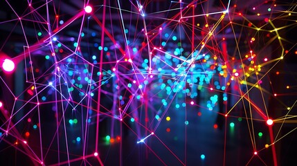 Poster - Abstract arrangement of bright, neon-like lines and dots forming a dynamic web-like structure, representing data flow across a virtual space