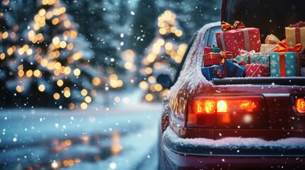 Aufkleber - A red car parked in a winter wonderland showcases a trunk filled with beautifully wrapped gifts.