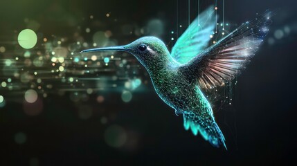 Poster - A digital rendering of a hummingbird in flight, with a blurred background of glowing lights.