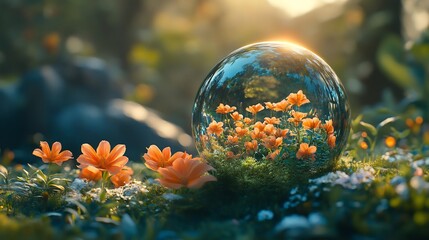 Poster - Celebrate World Environment Day artistic depiction of a glass globe showcasing a thriving ecosystem nestled among blooming flowers and greenery emphasizing sustainability and protection of the planet