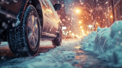 Poster - A parked car is visible on a snow-covered street during the night. Soft snowflakes fall, illuminating the surroundings with warm streetlights, creating a tranquil winter scene in the city.