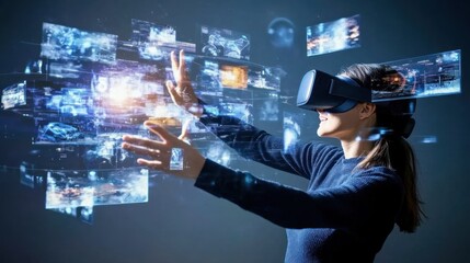 Aufkleber - Woman in VR headset interacting with digital data