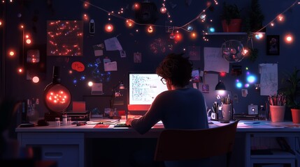 Aufkleber - A person working intently at a computer desk surrounded by twinkling lights and creative decorations in a cozy evening setting