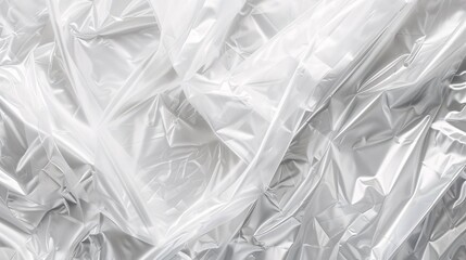 A detailed texture of white plastic wrap, highlighting its crinkled surface and light reflections.