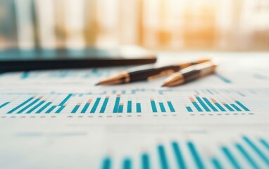 Poster - A close-up view of financial charts and graphs on paper, accompanied by two pens and a laptop, conveying data analysis and strategy.