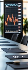 Poster - A modern conference room with a data visualization screen displaying graphs, surrounded by a sleek table and minimalist design elements.