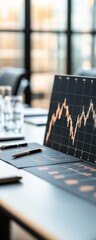 Poster - A sleek workspace featuring a laptop displaying a financial chart, symbolizing data analysis and business strategy.