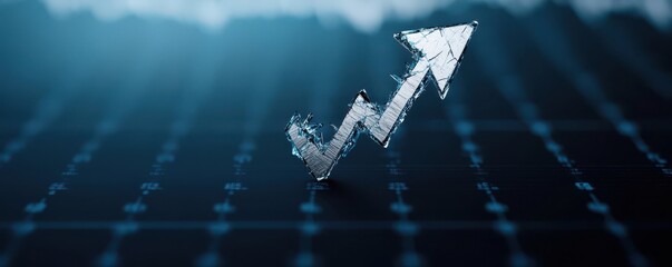 Poster - A digital arrow representing growth, emerging from a grid, symbolizes progress and upward trends in data analytics or financial markets.