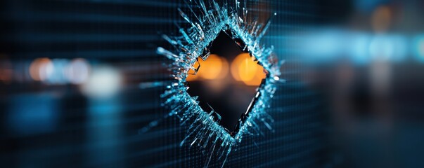 A close-up view of a shattered surface revealing a diamond-shaped hole, surrounded by vibrant blue light and blurred bokeh effects.