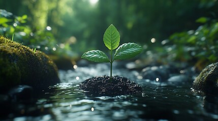 Poster - Celebratory Earth Day scene depicting young plant sprouting in a lush forest setting with a gentle water flow around it emphasizing the importance of nurturing our planet's natural resources