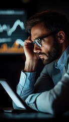 Poster - A focused professional analyzing data on a digital device, set against a backdrop of financial graphs, highlighting a moment of concentration and decision-making.