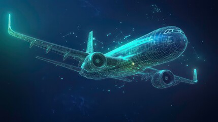 Poster - a futuristic digital illustration of an airplane, rendered with glowing lines and points of light, a