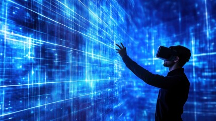 Poster - Silhouetted Man in VR Headset Interacting with Blue Digital Grid