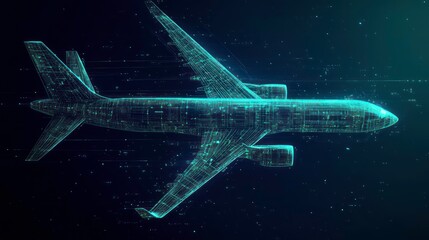 Wall Mural - a digital rendering of a plane in flight, made up of blue lines and dots. the plane is flying throug