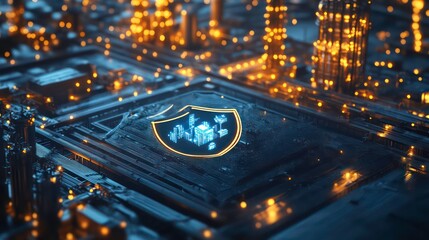 Poster - A glowing shield symbol sits on a circuit board, surrounded by intricate metallic structures and glowing lights, representing cybersecurity and digital protection.