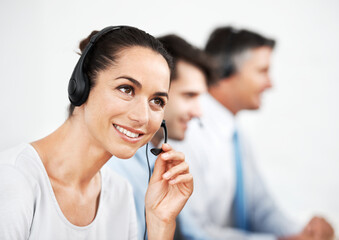 Aufkleber - Business people, listening and woman with headphones, call center and telemarketing with help desk. Employees, consulting agency or coworkers with headset, connection or customer support with service