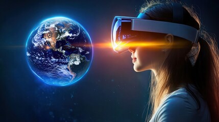 Poster - A Woman Experiencing Virtual Reality with Earth in the Background