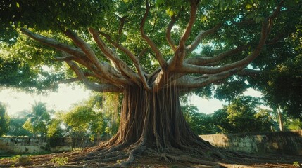 A vibrant Indian banyan tree with its detailed aerial roots stretching to the ground.