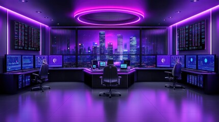 Aufkleber - Futuristic Control Room with Night City View and Neon Lighting