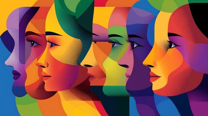 Poster - Colorful abstract illustration of six female faces in profile, symbolizing diversity, unity, and individuality.