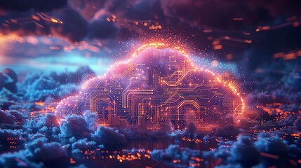 Poster - A glowing cloud symbol with circuit board design, set against a backdrop of blue, purple and orange clouds.