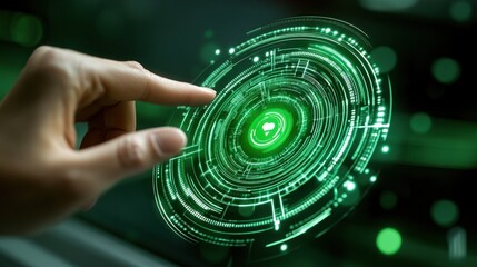 Fototapete - Hand Interacting with Green Holographic Interface with Heart Icon