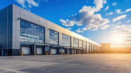 modern warehouse building with large glass windows and loading docks under a bright blue sky with wh