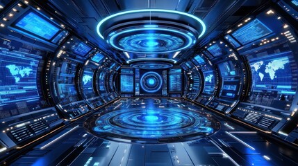 Aufkleber - Futuristic Blue-Lit Control Room with World Map Displays