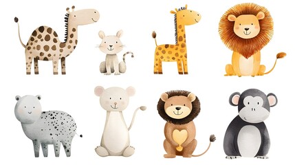  Striking Hand painted Watercolor Zoo Animal Featuring a Charming Camel Playful Kangaroo Mischievous Monkey and Majestic Lion on a Clean Background for Cute and Colorful Wildlife Clipart Designs