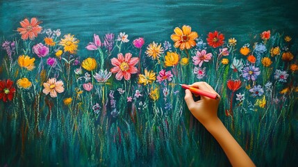 Poster - Closeup of girls hand drawing colorful flowers on a green chalkboard with space for text on the side The vibrant artwork celebrates Teachers Day filled with creativity and gratitude