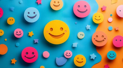 Poster - Colorful paper cut artwork of happy smiley faces positive feedback ratings symbolizing child wellness and mental health awareness for World Mental Health Day set against a vibrant background