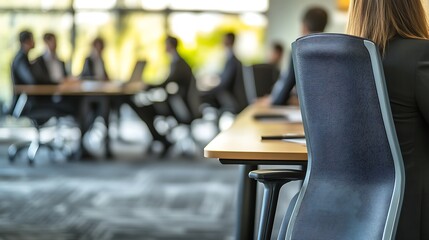 Aufkleber - A businesswoman sits at a conference table with colleagues in the background.