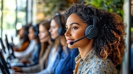 Poster - A young woman with curly hair wearing a headset and looking at a computer screen.