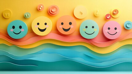 Poster - Colorful paper cut artwork of happy smiley faces positive feedback ratings symbolizing child wellness and mental health awareness for World Mental Health Day set against a vibrant background