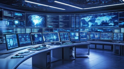 Leinwandbilder - Futuristic Control Room with Multiple Monitors Displaying Data and Maps