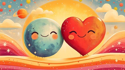 Poster - Colorful retrostyle card featuring cheerful heart mascot and a smiling planet character celebrating World Health Day with vibrant 70sinspired patterns and designs in the background