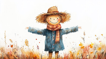 Charming watercolor design vector illustration, a playful scarecrow with a straw hat and friendly face, standing in a field with soft autumn colors, isolated on a white background.