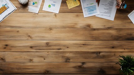 Aufkleber - A clean, wooden office desk with papers and a potted plant, leaving space for copy.
