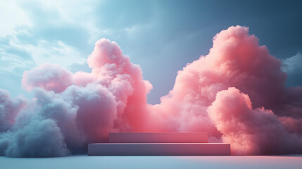 Wall Mural - Cloud background podium blue 3d product sky white display platform render abstract stage pastel scene. Podium stand light minimal cloud background studio dreamy pedestal backdrop smoke geometric.
