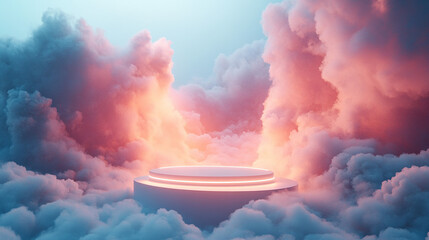 Wall Mural - Cloud background podium blue 3d product sky white display platform render abstract stage pastel scene. Podium stand light minimal cloud background studio dreamy pedestal backdrop smoke geometric.