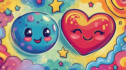Poster - Colorful retrostyle card featuring cheerful heart mascot and a smiling planet character celebrating World Health Day with vibrant 70sinspired patterns and designs in the background