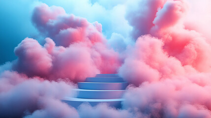 Wall Mural - Cloud background podium blue 3d product sky white display platform render abstract stage pastel scene. Podium stand light minimal cloud background studio dreamy pedestal backdrop smoke geometric.